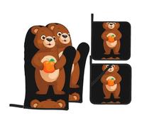 YYHWHJDE Little brown bear holding persimmon Pattern Oven Mitts and Pot Holders Set of 4 Kitchen baking Thick and durable, anti-scalding and heat-insulating