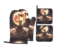 YYHWHJDE Little Brown Bear Watching The Moon Pattern Kitchen Baking 4-Piece Set - Insulated Oven Mitt and Pot Holders Anti-scalding and Heat Insulation