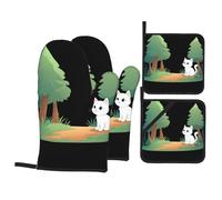 YYHWHJDE Little cat in the forest Prints Kitchen baking set, oven gloves, thickened and insulated four piece suit