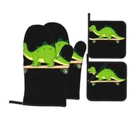 YYHWHJDE Little green dinosaur on skateboard Pattern Oven Mitts and Pot Holders Set of 4 Kitchen baking Thick and durable, anti-scalding and heat-insulating