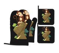 YYHWHJDE Little monkey climbing the mountain Prints Kitchen baking set, oven gloves, thickened and insulated four piece suit