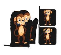 YYHWHJDE Little Monkey On The Phone Printed Kitchen Baking Set of 4 Thick Insulated Oven Mitt & Pot Holders, Anti-Scalding for Microwave, Oven, Outdoor BBQ
