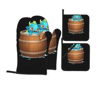 YYHWHJDE Little monster in the barrel Prints Kitchen baking set, oven gloves, thickened and insulated four piece suit