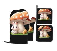 YYHWHJDE Little rabbit under the mushroom Prints Kitchen baking set, oven gloves, thickened and insulated four piece suit