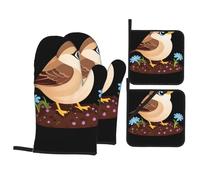 YYHWHJDE Little sparrow in the flowerbed Prints Kitchen baking set, oven gloves, thickened and insulated four piece suit