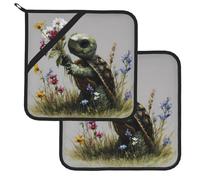 YYHWHJDE Little Turtle Picking Flowers Pattern Square Insulation Pot Mat 2 Pieces Thick and durable with lanyard for Microwave Ovens, Ovens, Outdoor Grilling