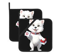 YYHWHJDE Little white dog holding a medicine box Prints Square pot mat two-piece set, insulated, thickened, waterproof, easy to clean
