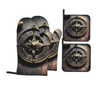 YYHWHJDE Magical Design Norse Runes Compass Pattern Kitchen Baking 4-Piece Set - Insulated Oven Mitt and Pot Holders Anti-scalding and Heat Insulation