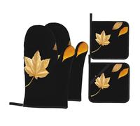 YYHWHJDE Maple Leaves Meet Fallen Leaves Printed Kitchen Baking Set of 4 Thick Insulated Oven Mitt & Pot Holders, Anti-Scalding for Microwave, Oven, Outdoor BBQ