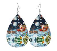 YYHWHJDE Merry Christmas Santa Claus Reindeer Sled Prints Water Drop Leather Earrings - Stylish Dangle Throw for Parties, Vibrant Color Layering, Non-Fading Finish