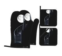 YYHWHJDE Moon Spiral Staircase Printed Kitchen Baking Set of 4 Thick Insulated Oven Mitt & Pot Holders, Anti-Scalding for Microwave, Oven, Outdoor BBQ