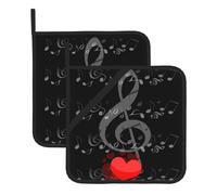 YYHWHJDE Music Note Heart Prints Square Hot Pads for Kitchen Counters - Waterproof Pot Covers with Hanging Loop for Serving & BBQ, Set of 2 (One with Pocket)