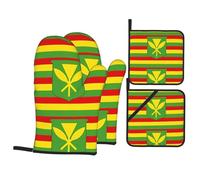 YYHWHJDE Native Hawaiian Flag Prints Oven Mitts and Pot Holders Set, Waterproof Polyester, Red Yellow Green, 4 Piece