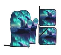 YYHWHJDE Northern Lights Polar Bear Pattern Kitchen baking four-piece set Includes 2 Insulated Gloves and 2 Pot Lid Pads with Pockets anti-scalding and heat-insulating