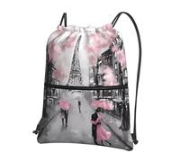 YYHWHJDE Paris Street Eiffel Tower Pink Floral Prints Drawstring Backpack Waterproof Gym Bag - Lightweight Foldable Sport Cover with Zipper Pocket for Travel Hiking