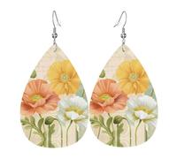 YYHWHJDE Pastel Poppies Prints Teardrop Leather Earrings - Vibrant Dangle Layers for Women, Lightweight Fashion Jewelry for Parties & Everyday Wear