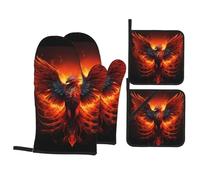 YYHWHJDE Phoenix Print Oven Mitts and Pot Holders Set, Waterproof Polyester, Black with Orange Red Design, 4 Piece