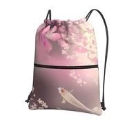 YYHWHJDE Pink Cherry Blossom Red carp Prints Drawstring Backpack - Lightweight Waterproof Gym Bag with Zipper Pocket - Ideal for Travel, Yoga & Sports