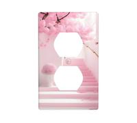 YYHWHJDE Pink Cherry Blossom Staircase Picture Double Socket Wall Panel Decorative is Durable and Suitable for Socket Light Switch Accessories 4.5x2.76in