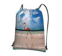 YYHWHJDE Pink Flamingo Walking on The Beach Prints Drawstring Backpack - Water-Resistant Polyester Throw Bag for Gym, Travel & Hiking - Lightweight, Durable & Compact