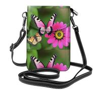 YYHWHJDE Pink Flower And Butterfly Prints Small Leather Women'S Crossbody Flip Phone Bag, Waterproof And Durable