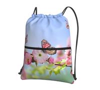 YYHWHJDE Pink Flowers butterflies Prints Drawstring Backpack - Lightweight Water-Resistant Gym Bag with Zipper Pocket for Travel & Sports