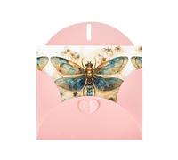 YYHWHJDE Pink Greeting Card Golden Delicate Dragonfly on Yellow Background Pattern for Christmas, Children's Birthday, Valentine's Day, and Party Invitation