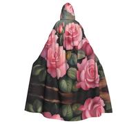 YYHWHJDE Pink Roses Pattern Halloween Adult Hooded Cloak for Party Costume Cosplay Stage Masquerade Theme Dance Comic Con