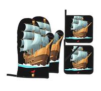 YYHWHJDE Pirate Ship in The Waves Pattern Kitchen Baking 4-Piece Set - Insulated Oven Mitt and Pot Holders Anti-scalding and Heat Insulation