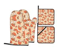 YYHWHJDE Polyester Kitchen Oven Mitts and Pot Holders Set, Fox Print Pattern, Beige and Orange, Heat Resistant, 4 Piece