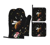 YYHWHJDE Polyester Oven Mitts and Pot Holders Set, Stars and Bees Print, Black, 21x21 Centimeters, 4 Piece