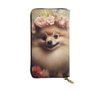 YYHWHJDE Pomeranian and flowers Printed Leather long clutch wallet Designed for fashion girls and women stylish and personalized 7.48 x 4.13 in, Black, One Size