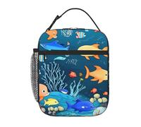 YYHWHJDE Portable Insulated Lunch Bag Blue Underwater World of Fish Pattern Reusable Lunch Bag Durable for Men and Women