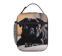 YYHWHJDE Portable Insulated Lunch Bag Cute Black Pug Dog Pattern Reusable Lunch Bag Durable for Men and Women