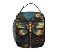 YYHWHJDE Portable Insulated Lunch Bag Gold Color Delicate Dragonfly Flower Pattern Reusable Lunch Bag Durable for Men and Women