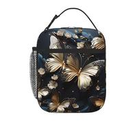 YYHWHJDE Portable Insulated Lunch Bag Gold White Butterflies Black Pattern Reusable Lunch Bag Durable for Men and Women Easy Carrying