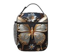 YYHWHJDE Portable Insulated Lunch Bag Gold White Butterflies Prints Reusable Lunch Bag Durable for Men and Women Easy Carrying