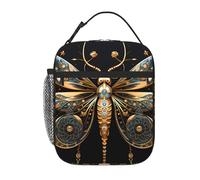 YYHWHJDE Portable Insulated Lunch Bag Golden Delicate Dragonfly on Black Background Pattern Reusable Lunch Bag Durable for Men and Women Easy Carrying
