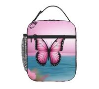 YYHWHJDE Portable Insulated Lunch Bag Pink Butterfly and Sea Picture Reusable Lunch Bag Durable for Men and Women Easy Carrying