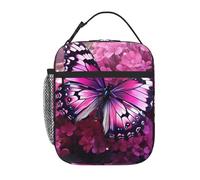 YYHWHJDE Portable Insulated Lunch Bag Pink Flower Purple Butterfly Pattern Reusable Lunch Bag Durable for Men and Women Easy Carrying
