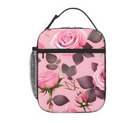 YYHWHJDE Portable Insulated Lunch Bag Pretty Pink Roses Pattern Reusable Lunch Bag Durable for Men and Women