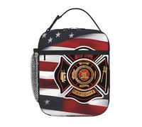 YYHWHJDE Portable Insulated Lunch Bag Red Stripe Firefighter USA Flag Pattern Reusable Lunch Bag Durable for Men and Women Easy Carrying