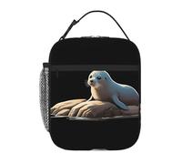 YYHWHJDE Portable Insulated Lunch Bag Seal on The Rocks Watching The sea Prints Reusable Lunch Bag Durable for Men and Women Easy Carrying