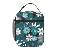 YYHWHJDE Portable Insulated Lunch Bag Teal Grey and White Floral Prints Reusable Lunch Bag Durable for Men and Women Easy Carrying