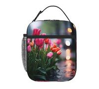 YYHWHJDE Portable Insulated Lunch Bag Tulips in The rain Prints Reusable Lunch Bag Durable for Men and Women Easy Carrying