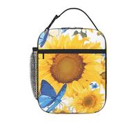 YYHWHJDE Portable Insulated Lunch Bag Yellow Sunflowers with Blue Butterflies Pattern Reusable Lunch Bag Durable for Men and Women Easy Carrying