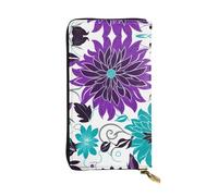 YYHWHJDE Purple and Teal Flowers Printing Quality Leather Long Clutch Wallet Designed for Fashion Girls and Women Stylish 7.48 x 4.13 in