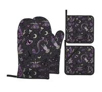 YYHWHJDE Purple Black Goth Spooky Prints 4-Piece Quality Kitchen Protection Set - Heatproof Throws & Covers for Grilling, Baking & Safe Handling