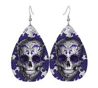 YYHWHJDE Purple Floser And Sugar Horror Skull Prints Teardrop Leather Earrings - Fashionable Dangle Earrings for Women, Lightweight Faux Leather Drops with 925 Silver Plated Hooks