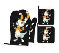 YYHWHJDE Rabbit Holding A Magic Hat Printed Kitchen Baking Set of 4 Thick Insulated Oven Mitt & Pot Holders, Anti-Scalding for Microwave, Oven, Outdoor BBQ